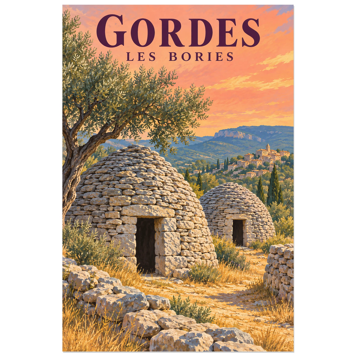 Affiche Gordes Bories en pierre sèche, illustration peinte / affiche de voyage rétro verticale, format 30 × 45 cm