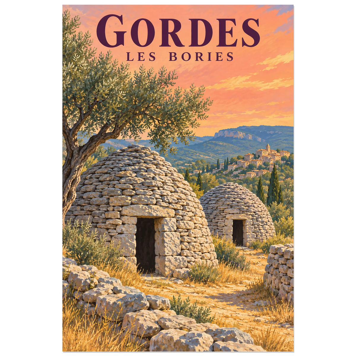 Affiche Gordes Bories en pierre sèche, illustration peinte / affiche de voyage rétro verticale, format 60 × 90 cm