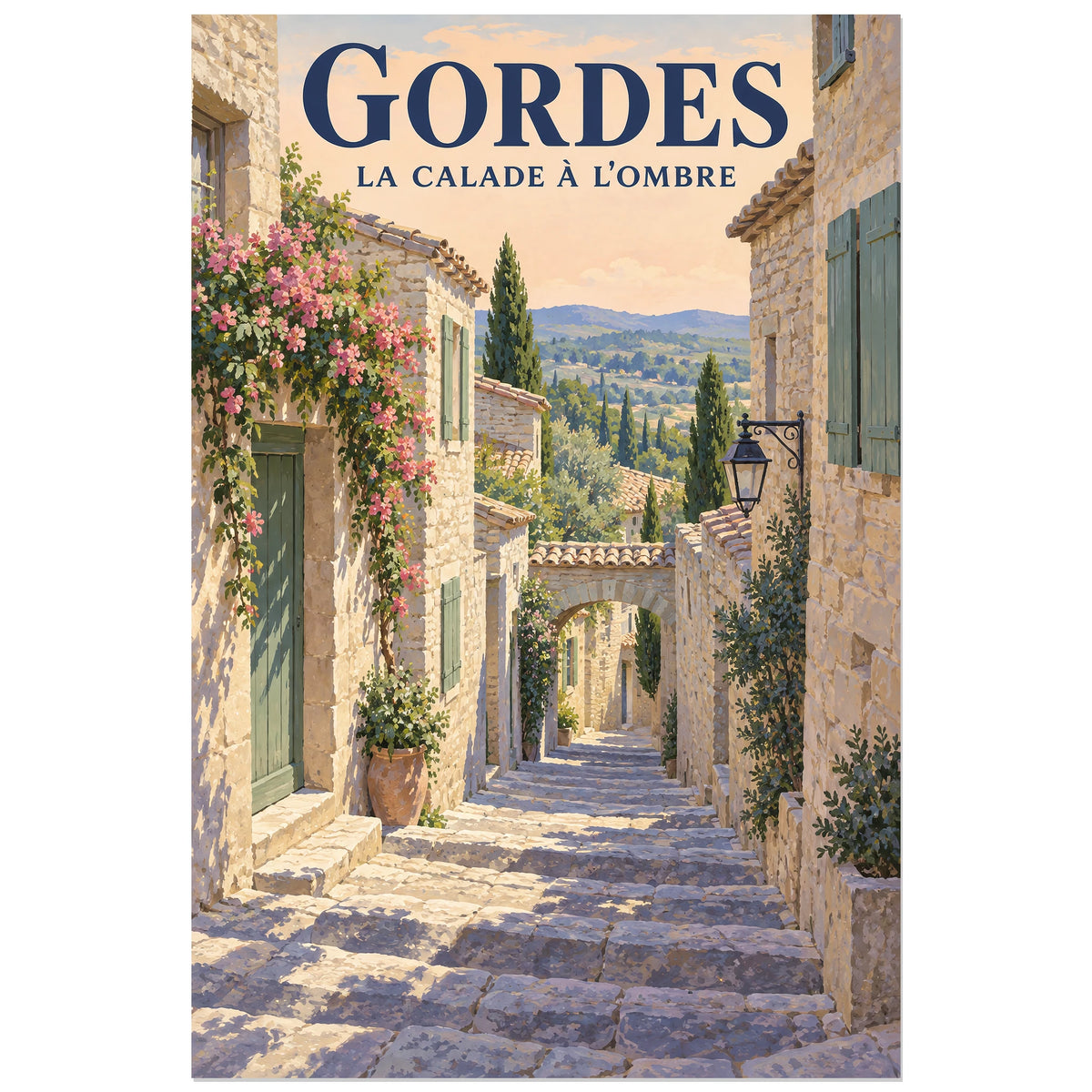 Affiche Gordes Calade à l'ombre, illustration peinte / affiche de voyage rétro verticale, format 30 × 45 cm