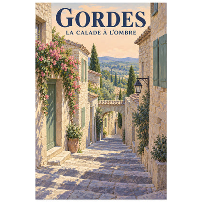 Affiche Gordes Calade à l'ombre, illustration peinte / affiche de voyage rétro verticale, format 30 × 45 cm