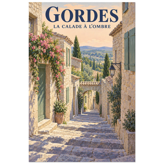 Affiche Gordes Calade à l'ombre, illustration peinte / affiche de voyage rétro verticale, format 30 × 45 cm