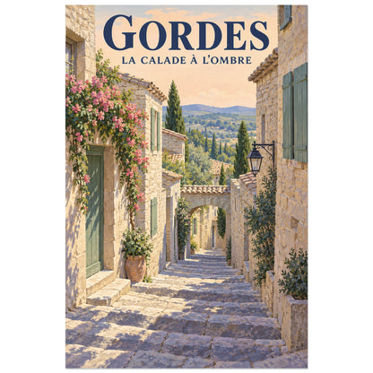 Affiche Gordes Calade à l'ombre, illustration peinte / affiche de voyage rétro verticale, format 40 × 60 cm