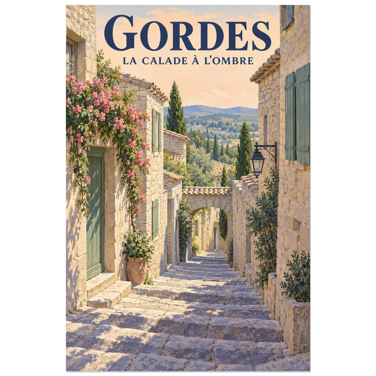 Affiche Gordes Calade à l'ombre, illustration peinte / affiche de voyage rétro verticale, format 60 × 90 cm