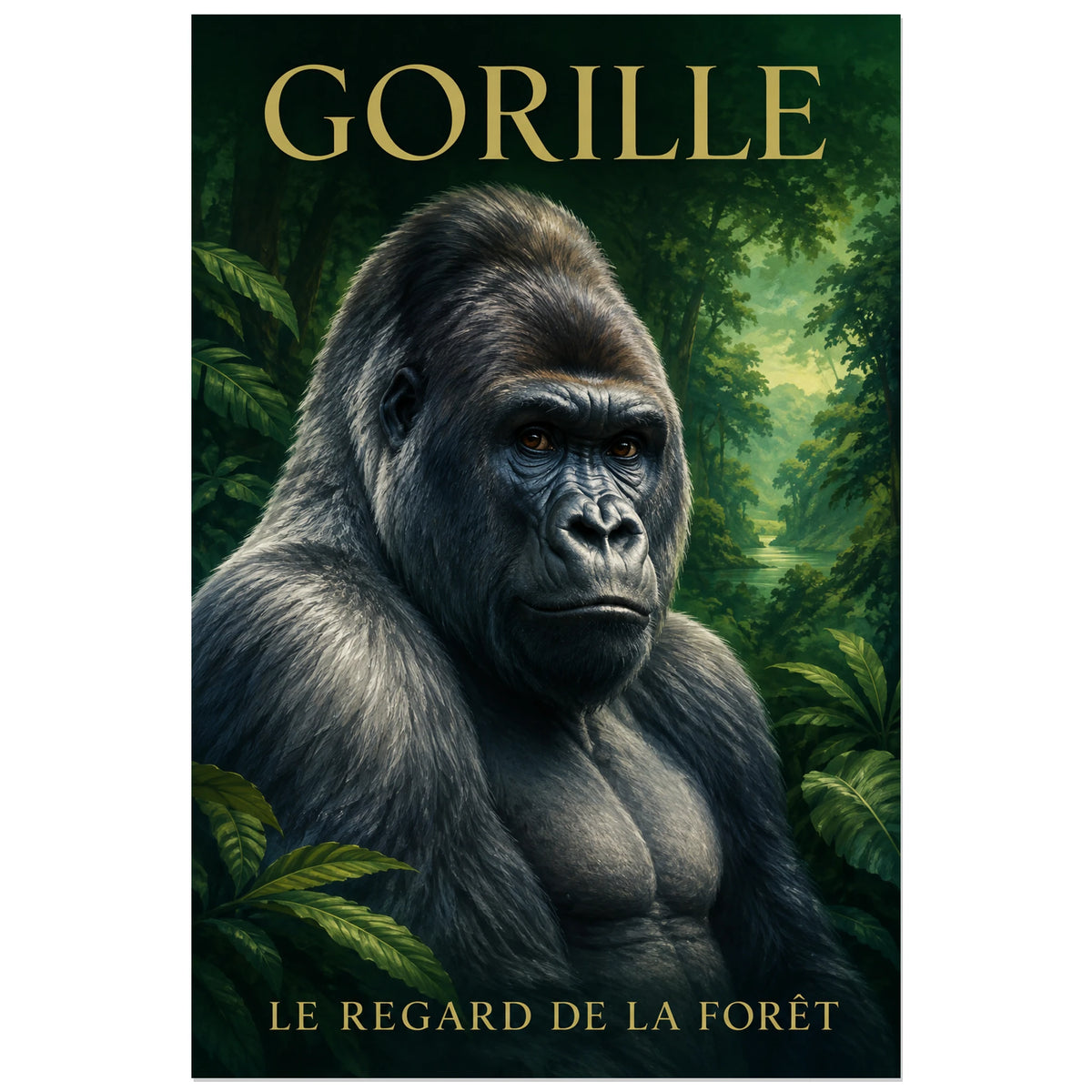 Affiche Gorille, le regard de la forêt, illustration naturaliste peinte à typographie intégrée verticale, format 30 × 45 cm