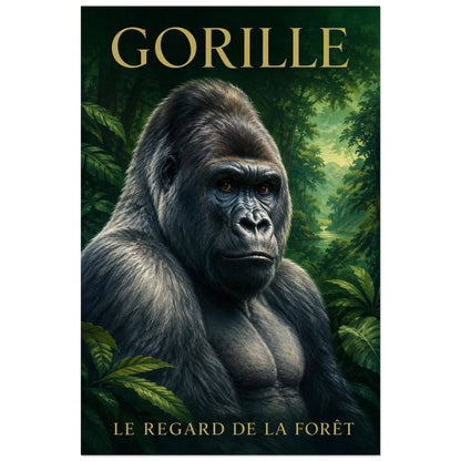 Affiche Gorille, le regard de la forêt, illustration naturaliste peinte à typographie intégrée verticale, format 30 × 45 cm