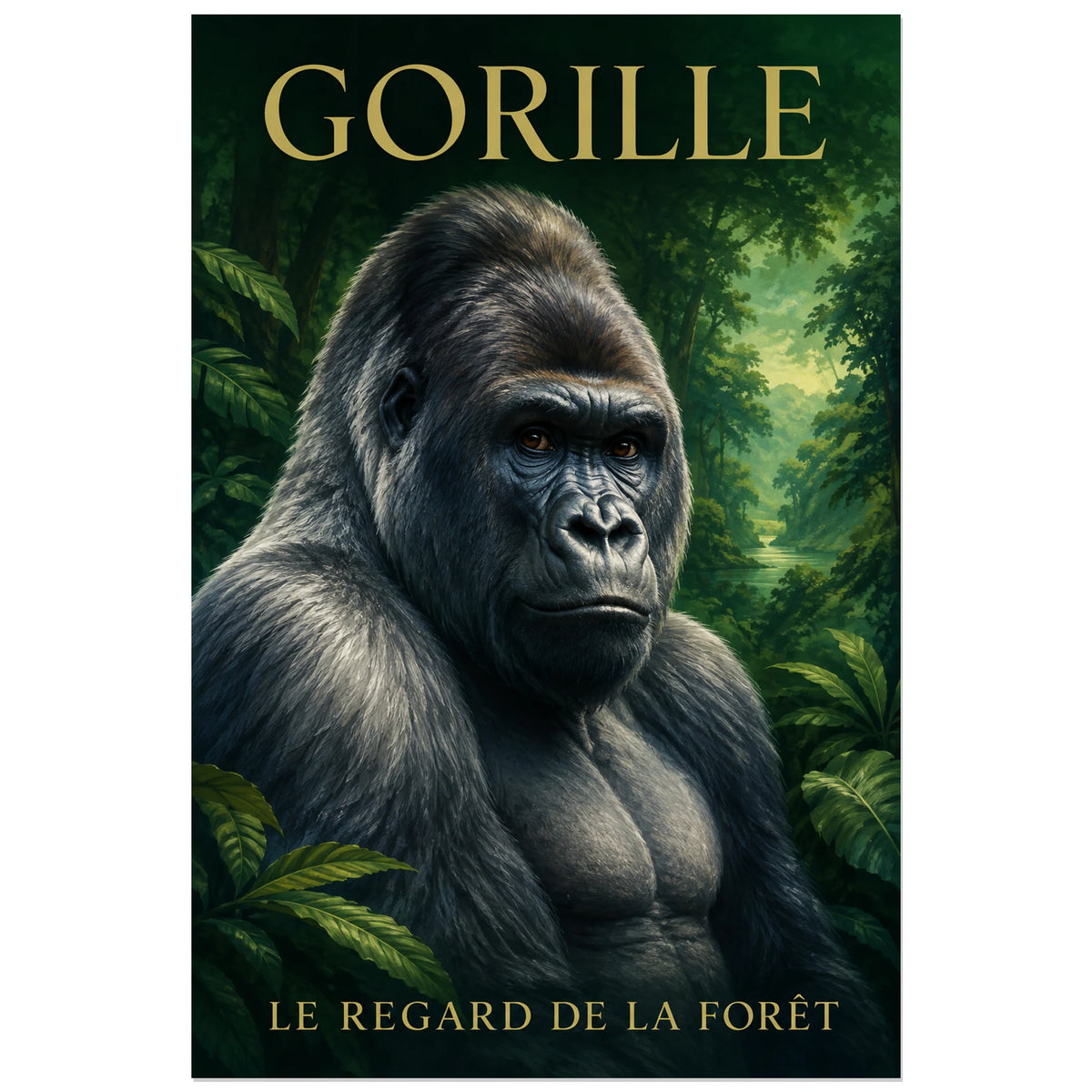 Affiche Gorille, le regard de la forêt, illustration naturaliste peinte à typographie intégrée verticale, format 40 × 60 cm