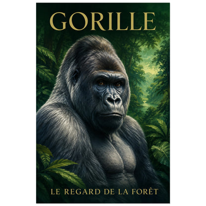 Affiche Gorille, le regard de la forêt, illustration naturaliste peinte à typographie intégrée verticale, format 60 × 90 cm
