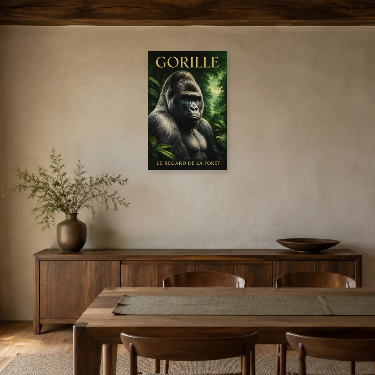 Affiche Gorille, le regard de la forêt dans une salle à manger - Art Virtuoso