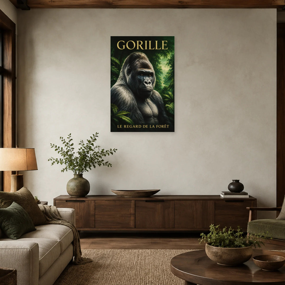 Affiche Gorille, le regard de la forêt dans un salon - Art Virtuoso