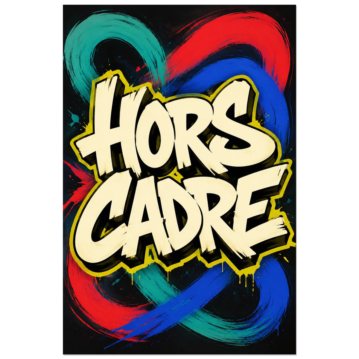 Contour jaune et ombres noires autour des grandes lettres HORS CADRE, affiche 30 × 45 cm