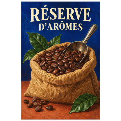 Sac de jute ouvert rempli de grains de café sur fond bleu cobalt, affiche 30 × 45 cm