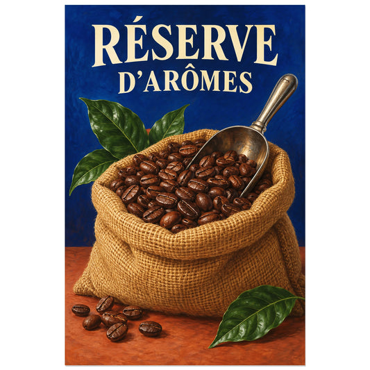 Sac de jute ouvert rempli de grains de café sur fond bleu cobalt, affiche 30 × 45 cm
