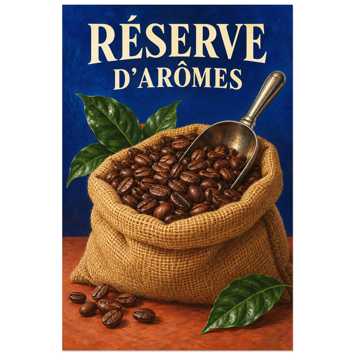 Affiche Réserve d'arômes avec jute, grains bruns et titre ivoire, 60 × 90 cm
