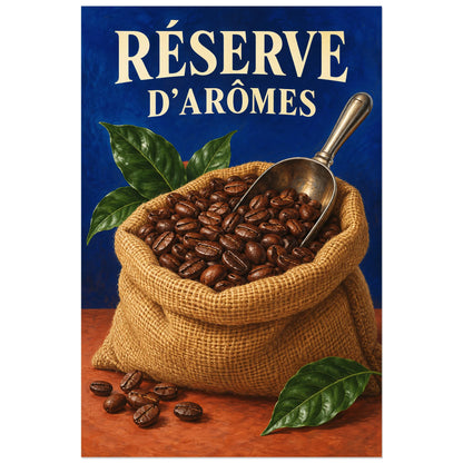 Affiche Réserve d'arômes avec jute, grains bruns et titre ivoire, 60 × 90 cm