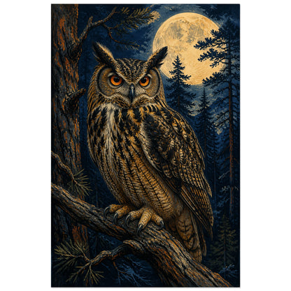 Affiche Grand-duc dans la forêt nocturne, peinture animalière nocturne spectaculaire aux détails naturalistes verticale, format 60 × 90 cm