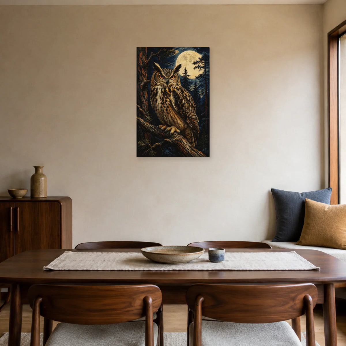 Affiche Grand-duc dans la forêt nocturne dans une salle à manger - Art Virtuoso