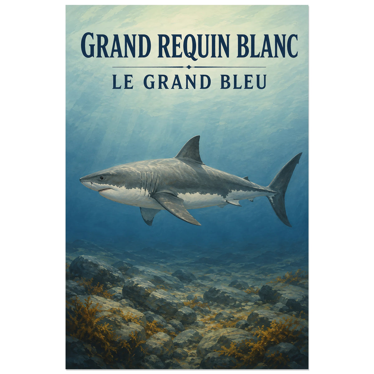 Affiche Grand requin blanc – Le grand bleu, gouache naturaliste / affiche vintage verticale, format 30 × 45 cm