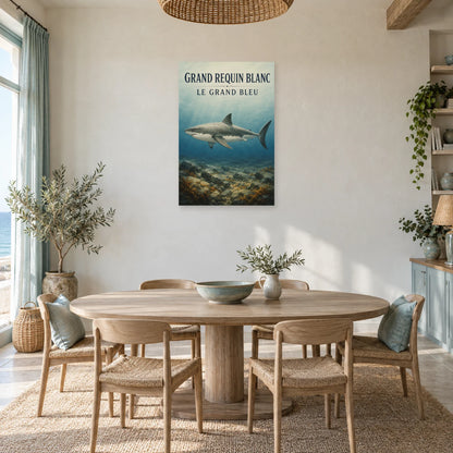 Affiche Grand requin blanc - Le grand bleu dans une salle à manger - Art Virtuoso