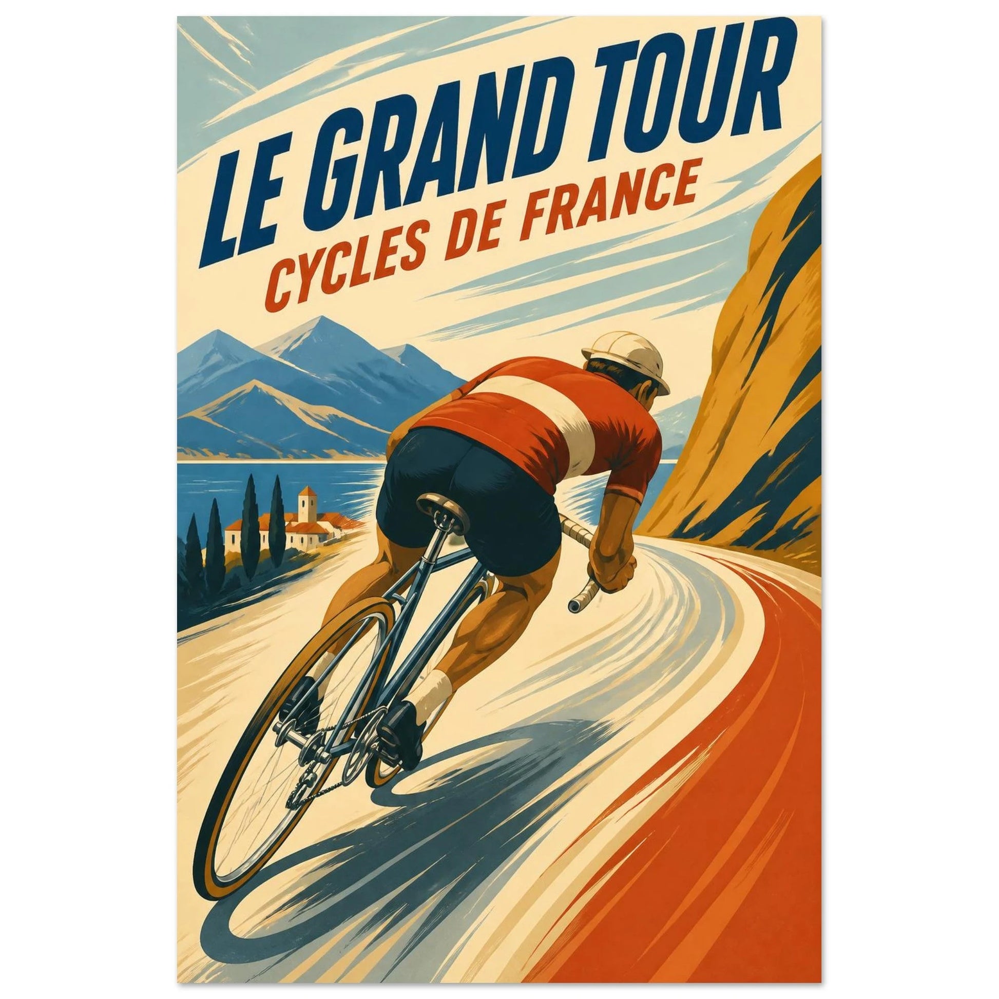 Affiche Le Grand Tour – Cycles de France, lithographie contemporaine verticale, format 30 × 45 cm