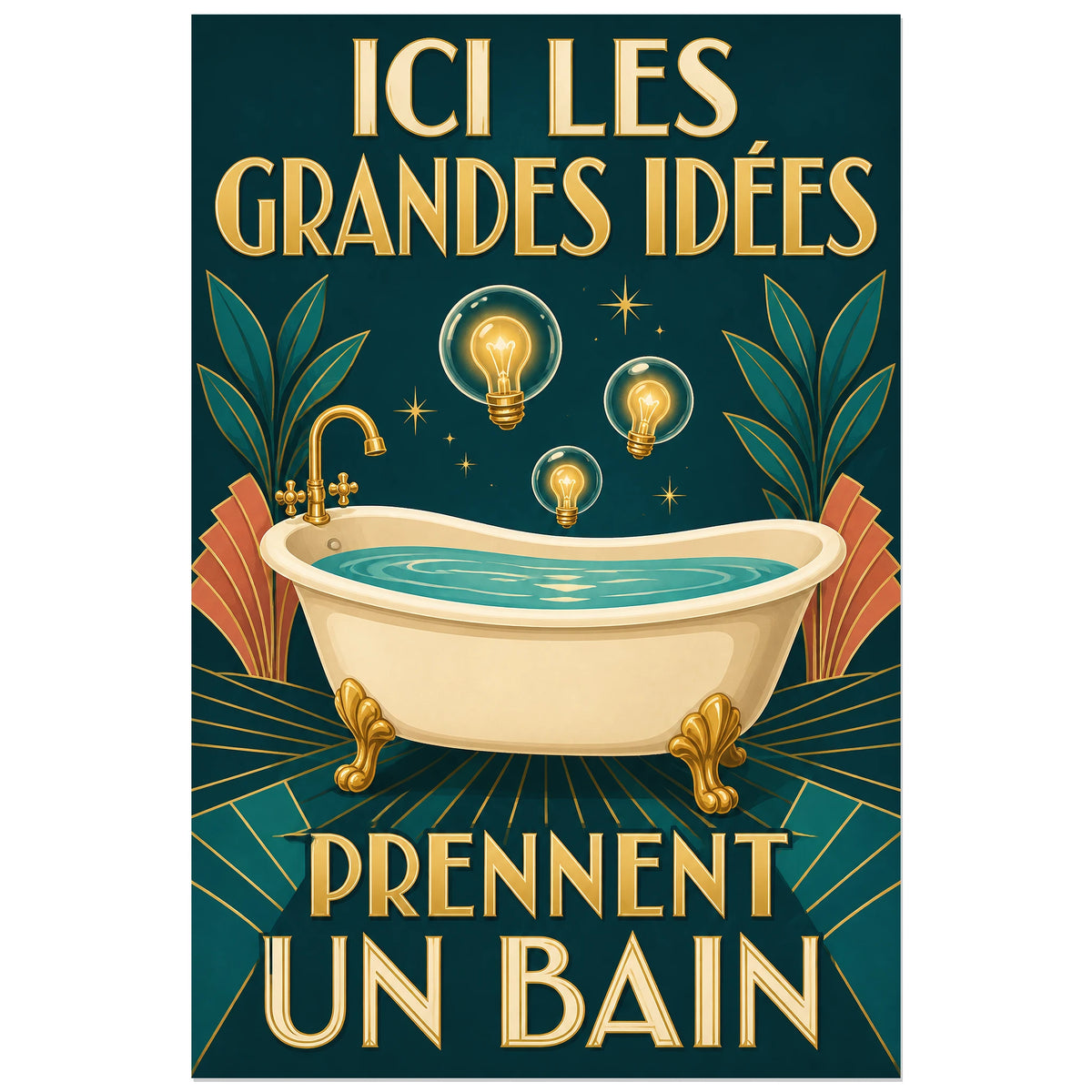 Affiche Les grandes idées prennent un bain, affiche art déco humoristique à métaphore visuelle verticale, format 30 × 45 cm