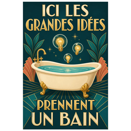 Affiche Les grandes idées prennent un bain, affiche art déco humoristique à métaphore visuelle verticale, format 30 × 45 cm