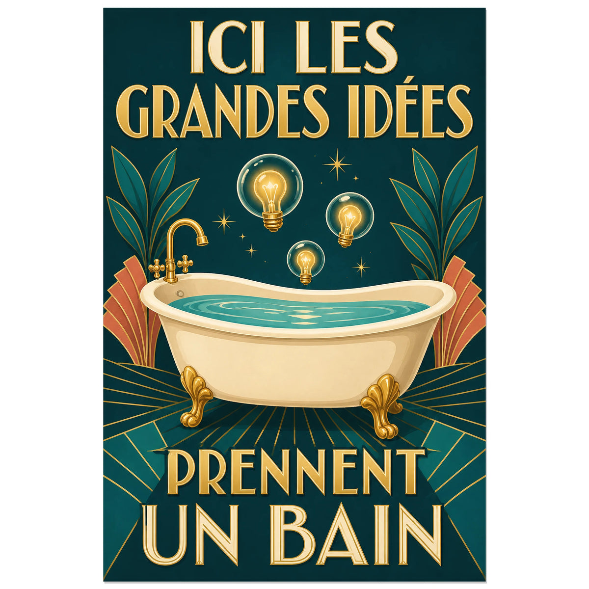 Affiche Les grandes idées prennent un bain, affiche art déco humoristique à métaphore visuelle verticale, format 40 × 60 cm