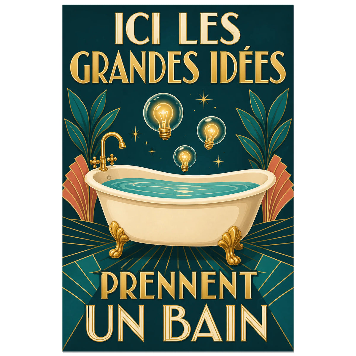 Affiche Les grandes idées prennent un bain, affiche art déco humoristique à métaphore visuelle verticale, format 60 × 90 cm