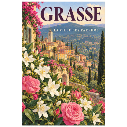 Affiche Grasse - La ville des parfums, illustration peinte / affiche de voyage rétro verticale, format 40 × 60 cm
