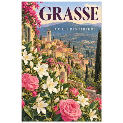 Affiche Grasse - La ville des parfums, illustration peinte / affiche de voyage rétro verticale, format 60 × 90 cm