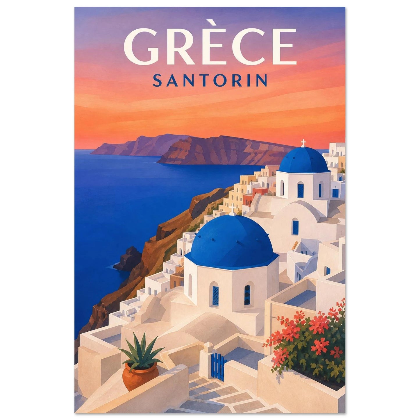 Affiche Grèce – Santorin, papier découpé et gouache aux formes architecturales simplifiées verticale, format 30 × 45 cm