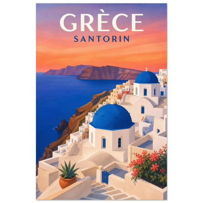 Affiche Grèce – Santorin, papier découpé et gouache aux formes architecturales simplifiées verticale, format 30 × 45 cm