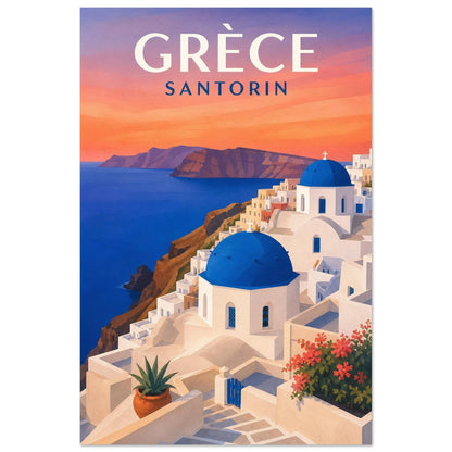 Affiche Grèce – Santorin, papier découpé et gouache aux formes architecturales simplifiées verticale, format 60 × 90 cm