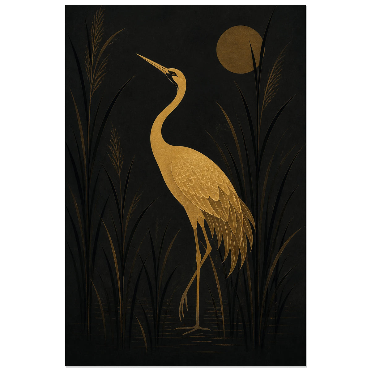 Affiche Grue dorée sur fond noir, composition art déco minimaliste à la silhouette dorée verticale, format 40 × 60 cm
