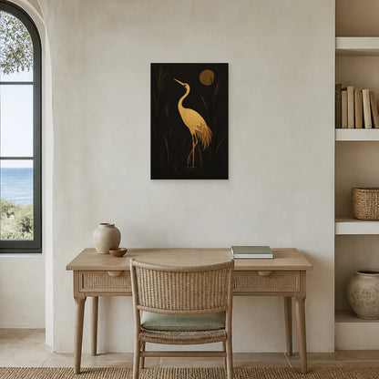 Affiche Grue dorée sur fond noir dans un bureau - Art Virtuoso