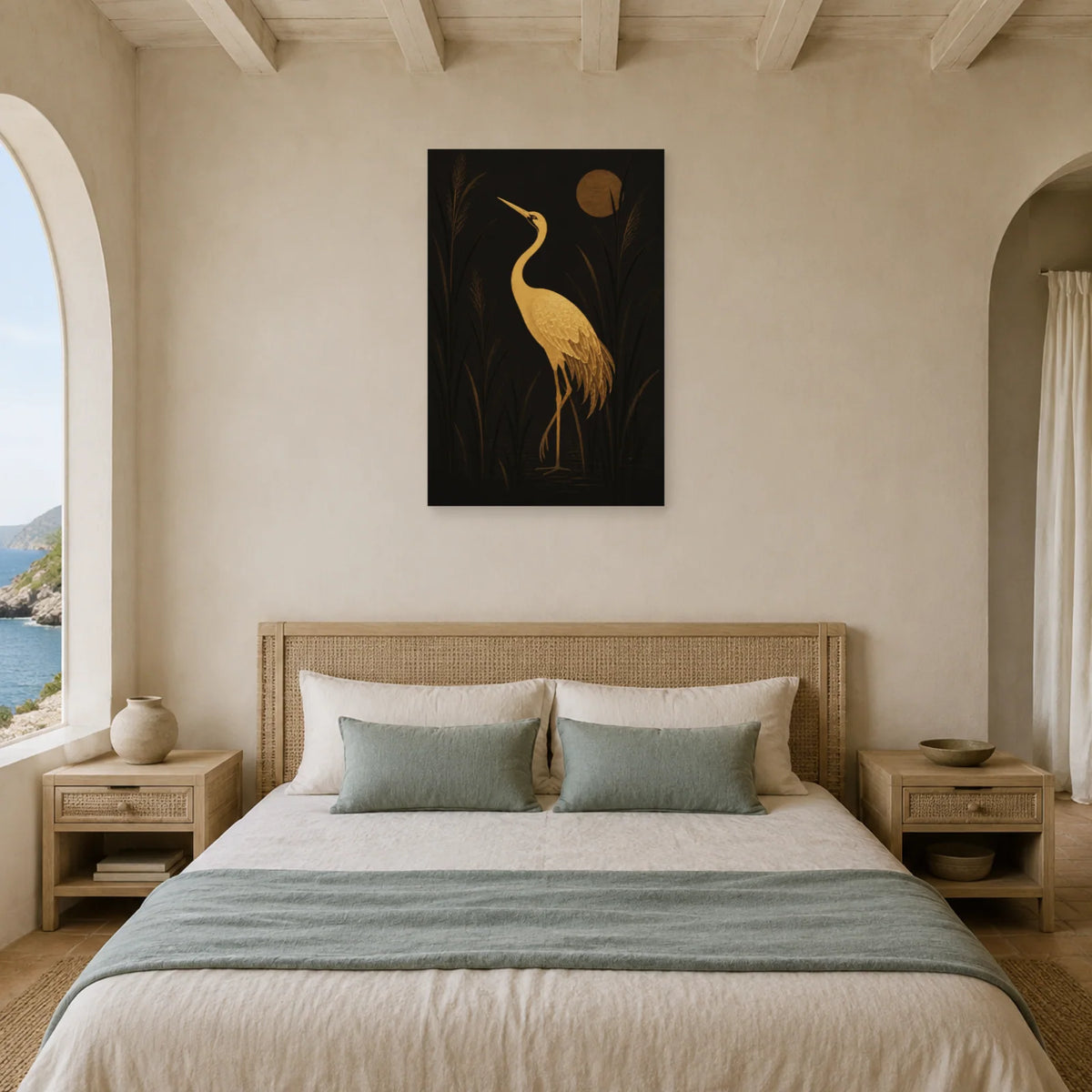 Affiche Grue dorée sur fond noir dans une chambre - Art Virtuoso