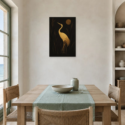 Affiche Grue dorée sur fond noir dans une salle à manger - Art Virtuoso