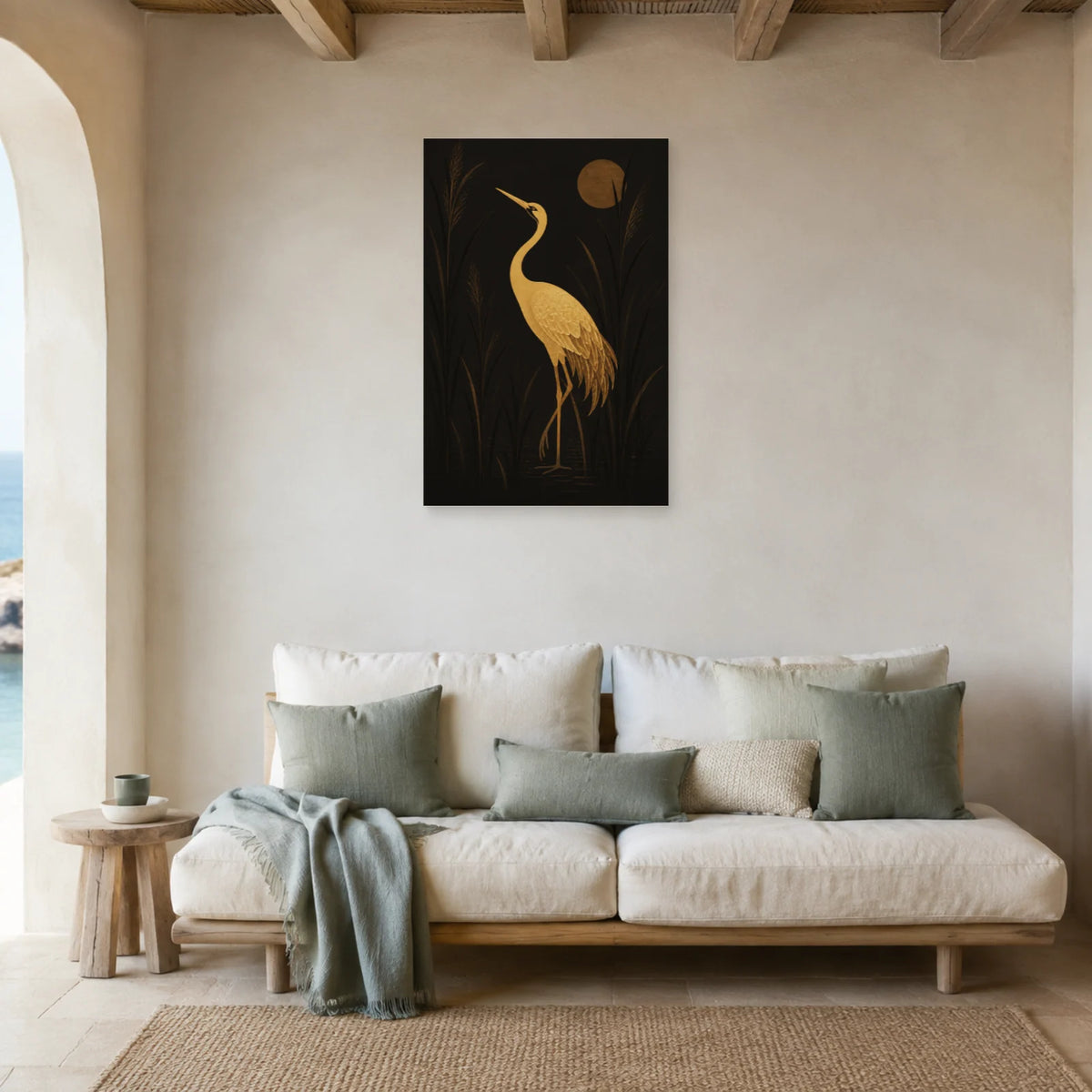 Affiche Grue dorée sur fond noir dans un salon - Art Virtuoso