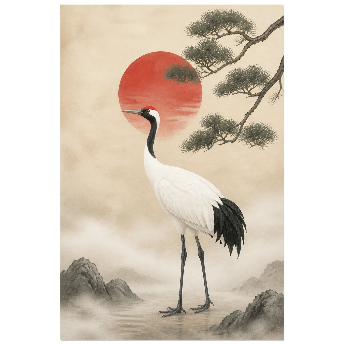 Affiche Grue porte-bonheur Japandi, illustration japandi minimaliste en gouache et encre verticale, format 30 × 45 cm