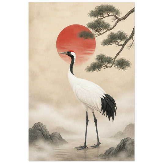 Affiche Grue porte-bonheur Japandi, illustration japandi minimaliste en gouache et encre verticale, format 30 × 45 cm