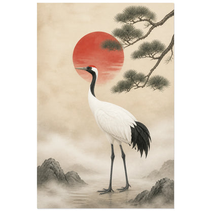 Affiche Grue porte-bonheur Japandi, illustration japandi minimaliste en gouache et encre verticale, format 40 × 60 cm