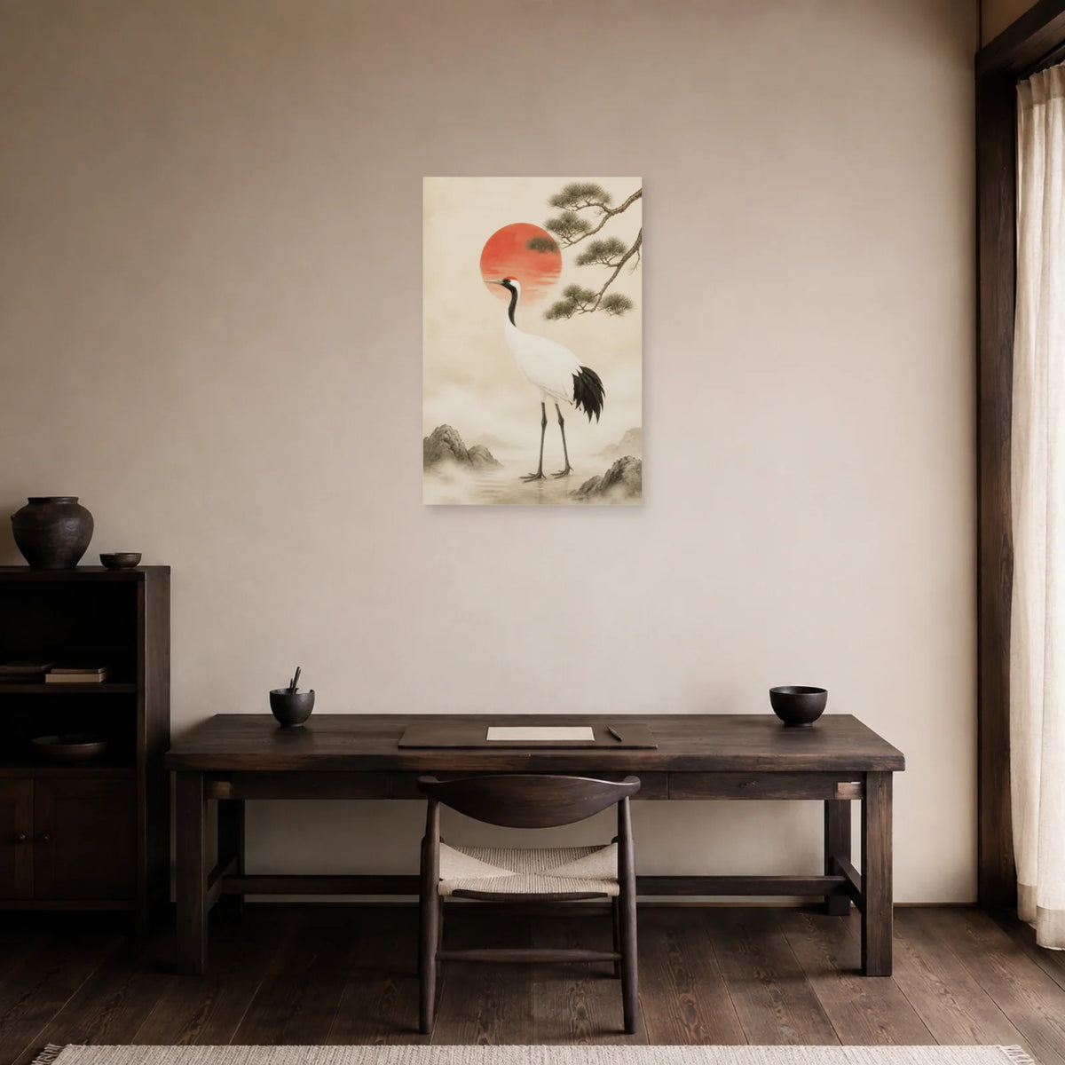 Affiche Grue porte-bonheur Japandi dans un bureau - Art Virtuoso