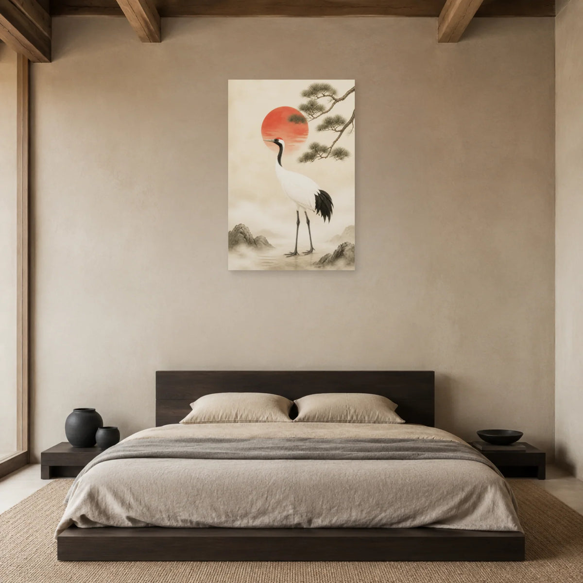 Affiche Grue porte-bonheur Japandi dans une chambre - Art Virtuoso