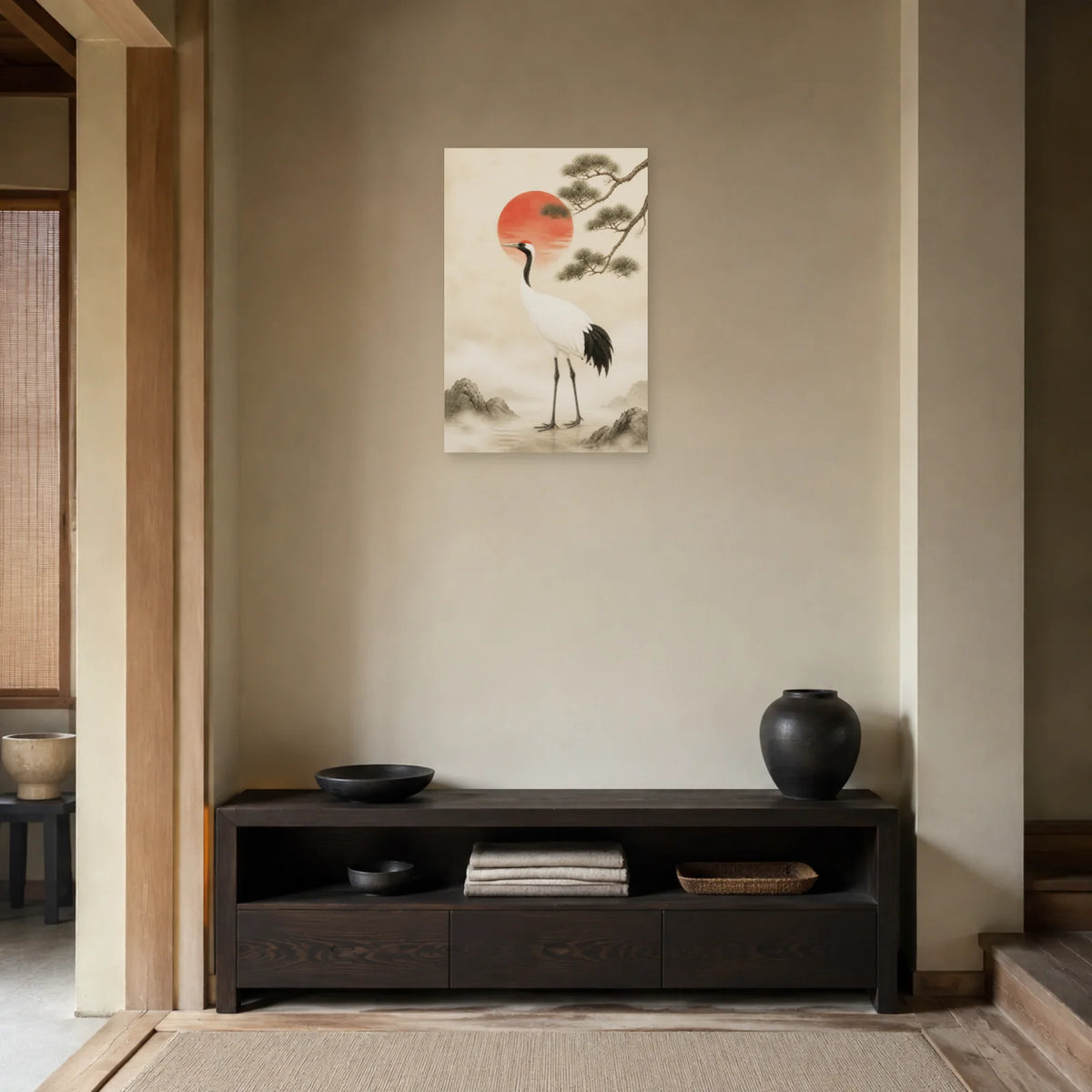 Affiche Grue porte-bonheur Japandi dans une entrée ou un couloir - Art Virtuoso
