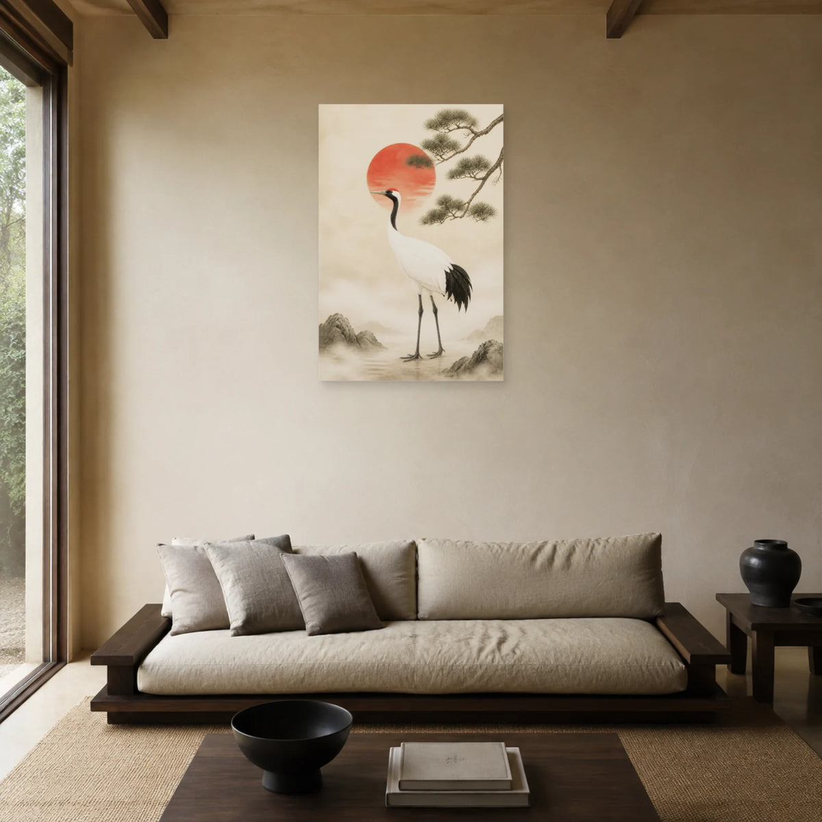 Affiche Grue porte-bonheur Japandi dans un salon - Art Virtuoso