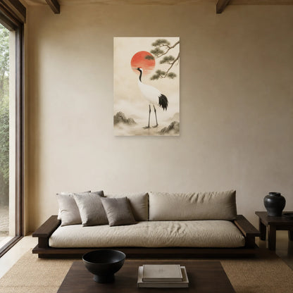 Affiche Grue porte-bonheur Japandi dans un salon - Art Virtuoso