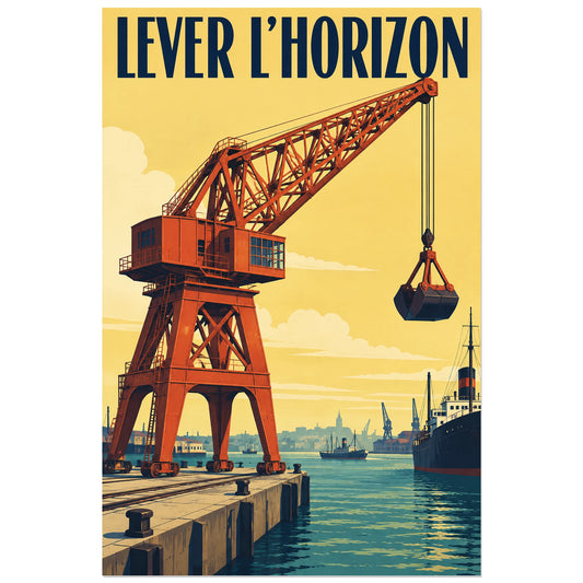 Grue portuaire orange sous titre Lever l'horizon, affiche 30 × 45 cm