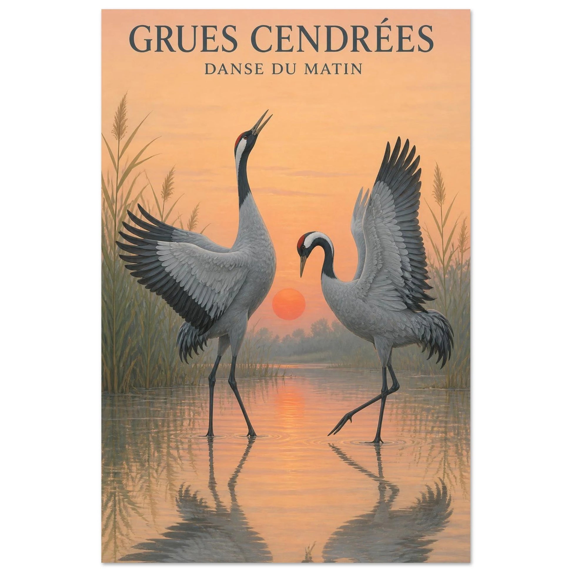 Affiche Grues Cendrées – Danse du Matin, illustration graphique verticale, format 30 × 45 cm