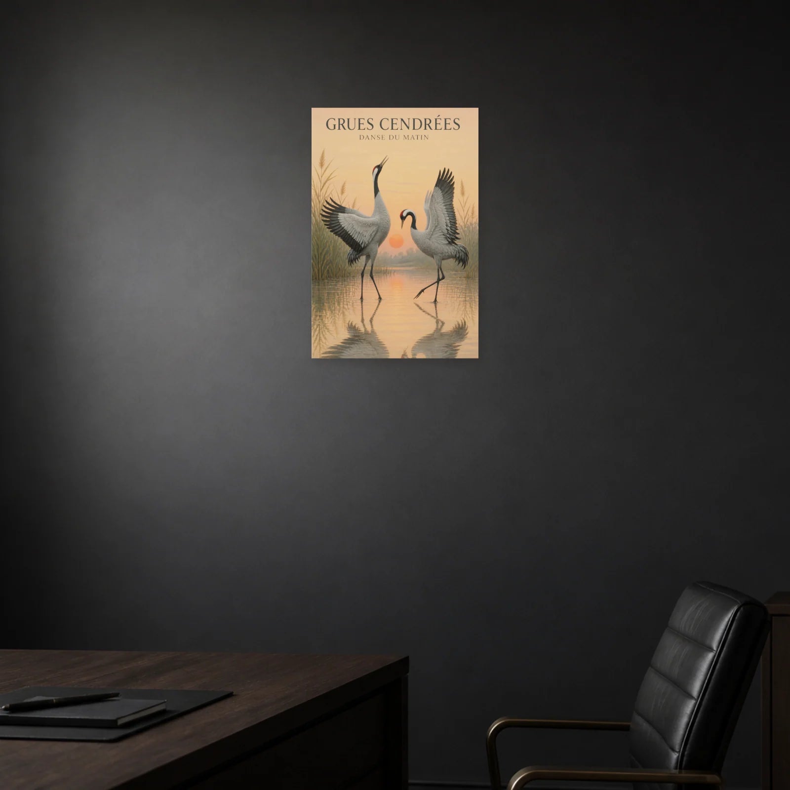 Affiche Grues Cendrées – Danse du Matin dans une salle à manger - Art Virtuoso