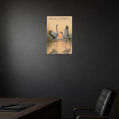 Affiche Grues Cendrées – Danse du Matin dans une salle à manger - Art Virtuoso