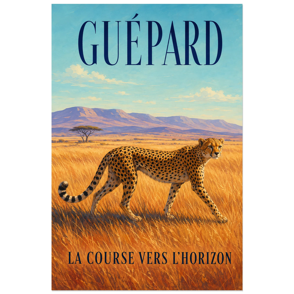 Affiche Guépard, la course vers l’horizon, illustration naturaliste peinte à typographie intégrée verticale, format 40 × 60 cm